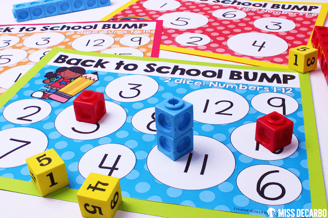 Back to School BUMP math game for partner math: This post contains a BIG collection of fun and engaging activities, lessons, and ideas for the first week of school! - by Miss DeCarbo