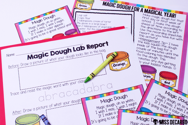 Magic Dough activity and science lesson: This post contains a BIG collection of fun and engaging activities, lessons, and ideas for the first week of school! - by Miss DeCarbo