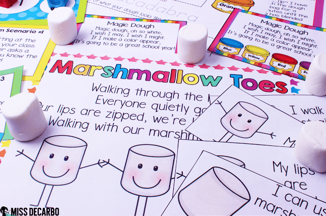 Marshmallow Toes & Voices classroom management activity (hands-on) This post contains a BIG collection of fun and engaging activities, lessons, and ideas for the first week of school! - by Miss DeCarbo