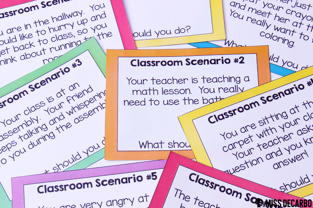 Classroom Scenario Cards for Character Education, Rules, and Expectations: This post contains a BIG collection of fun and engaging activities, lessons, and ideas for the first week of school! - by Miss DeCarbo